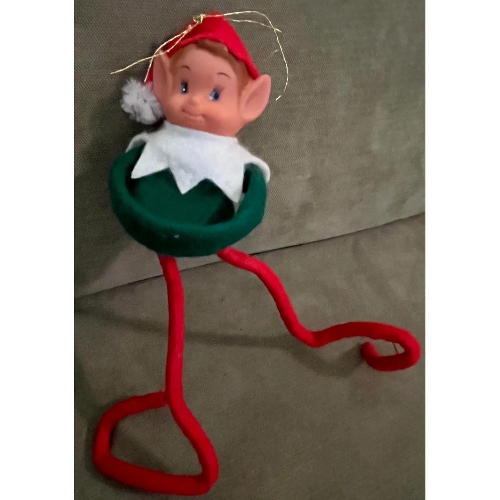 Vintage 1950s Christmas Pixie Elf Ornament Bendable Legs Japan 10 inch Red Green
